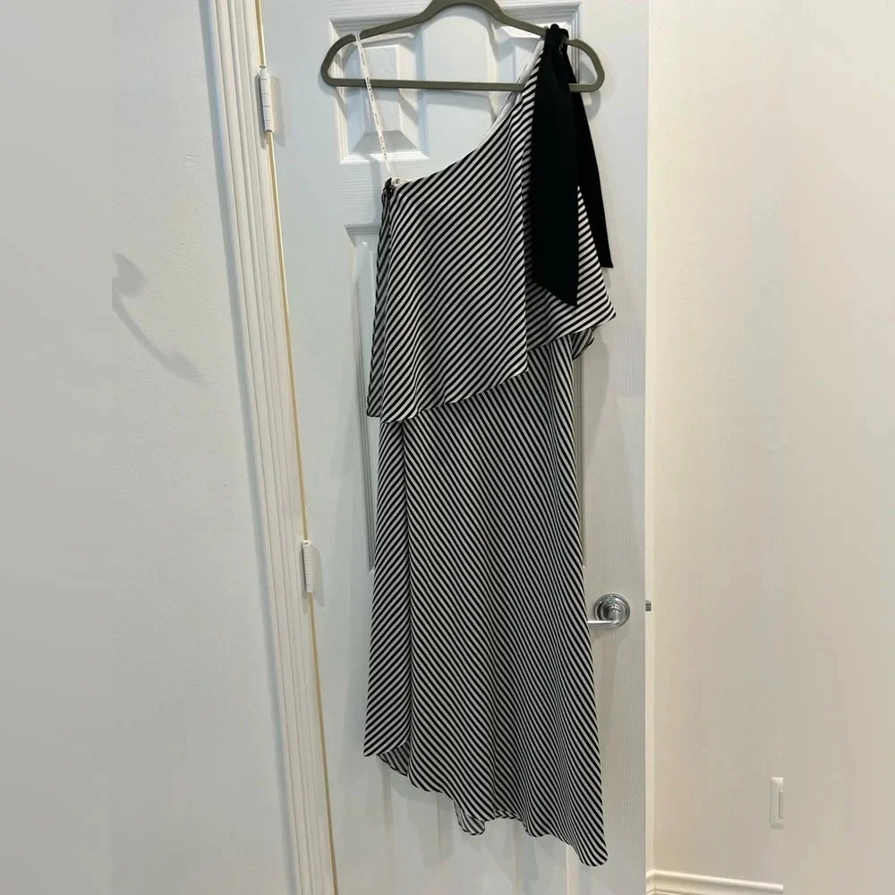 J3. Halston Heritage Striped One-Shoulder Asymmetric Cocktail Dress, Black/White - Picture 3 of 10